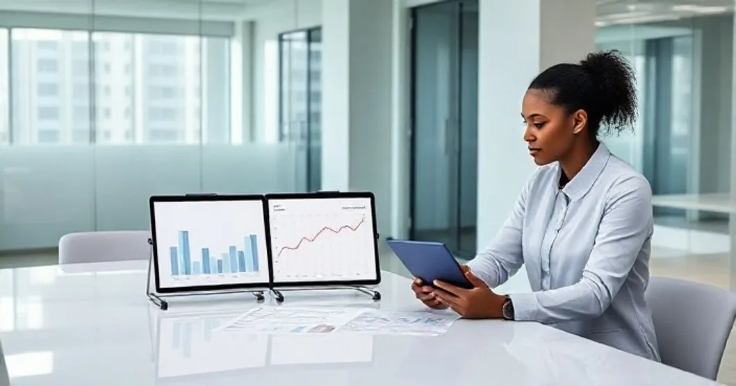 Advisor and client at a modern conference table comparing a steady bar chart and calendar next to a fluctuating line graph illustrating fixed rate and variable rate loan options
