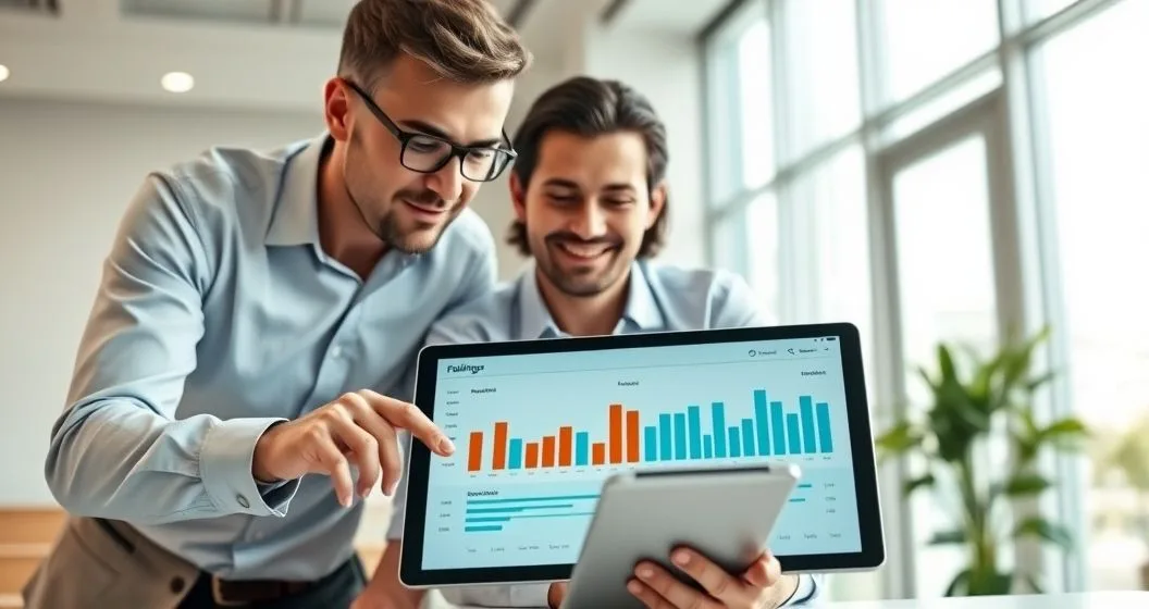 Financial advisor and client adjusting a flexible budget dashboard on a tablet, comparing higher and lower income scenarios.