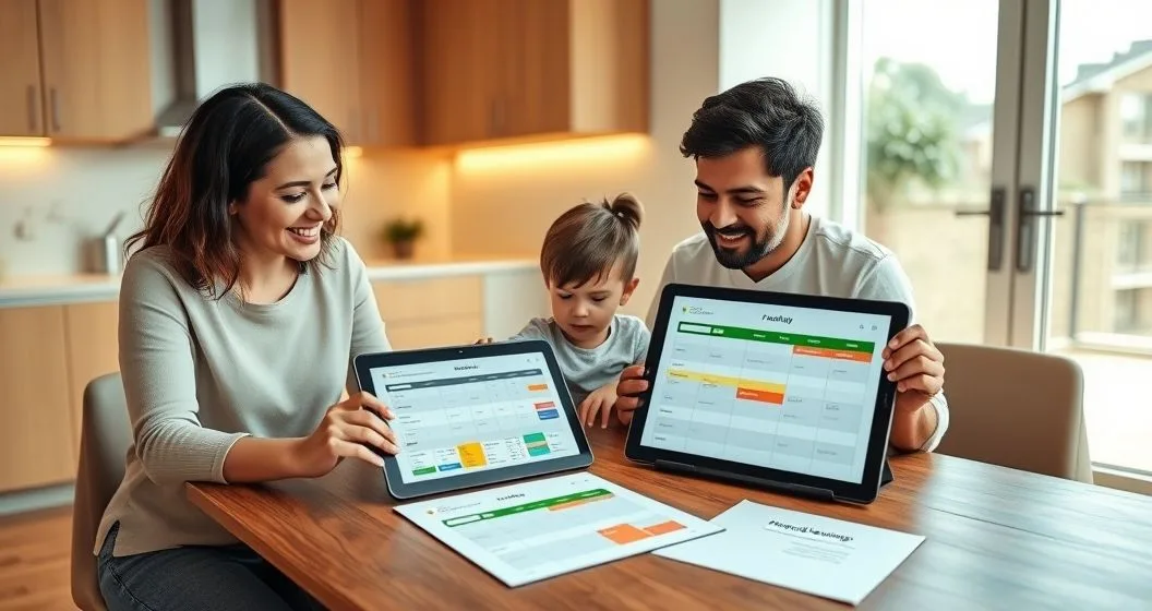 Diverse parents and child at a kitchen table using a tablet and color coded cards to arrange a flexible monthly budget