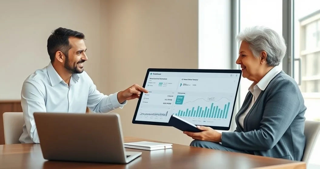 Advisor shows a tablet with adjustable withdrawal sliders and scenario charts to a retired couple in a modern conference room