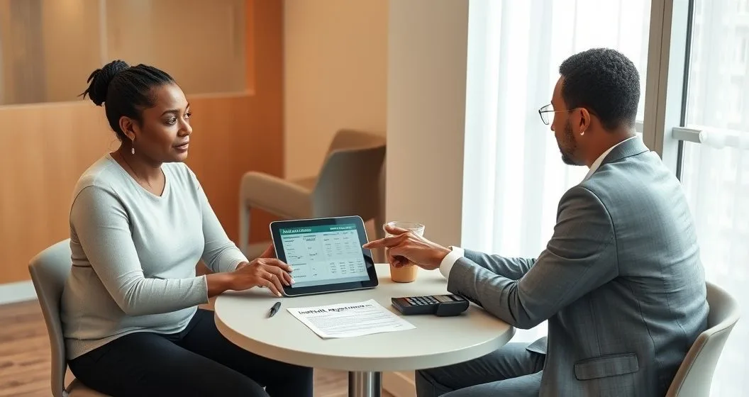 Tax advisor and low income taxpayer reviewing a tablet payment schedule with a printed installment agreement and calculator on the table in a modern clinic.