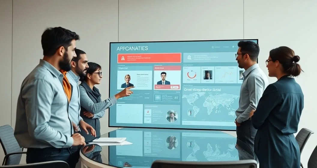 A diverse team of analysts reviewing a transparent touchscreen where an applicant profile is highlighted with a red flag and anomaly charts indicating a suspicious loan application.