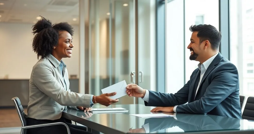 Tax advisor and small business owner in a modern conference room exchanging a sealed envelope and keys while shaking hands symbolizing release of a tax levy