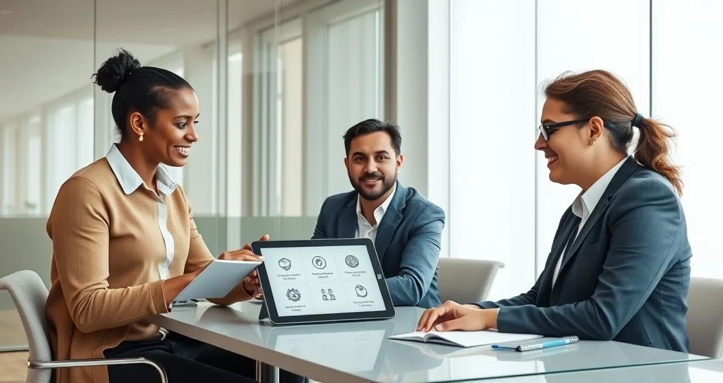 Tax advisor shows a client three visual options on a tablet representing payment plan negotiated settlement and penalty relief in a modern office