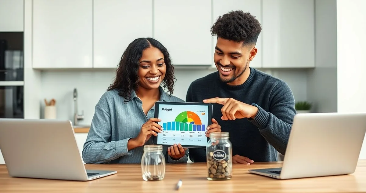 A diverse couple at a modern kitchen table reviewing a tablet with a segmented budget graphic while one puts coins into a jar labeled with a leisure icon
