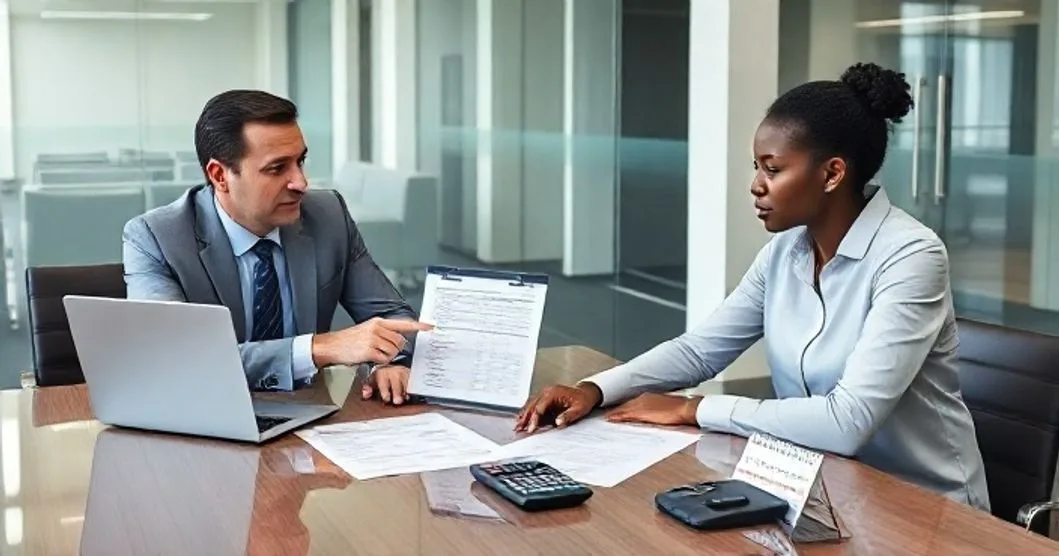 Tax advisor and diverse client reviewing overdue tax documents at a modern conference table with laptop calculator and calendar
