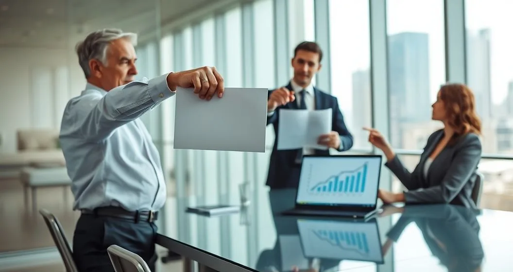Business owner transfers a sealed folder representing ownership while legal and tax advisors review valuation charts and a laptop graph in a modern conference room.