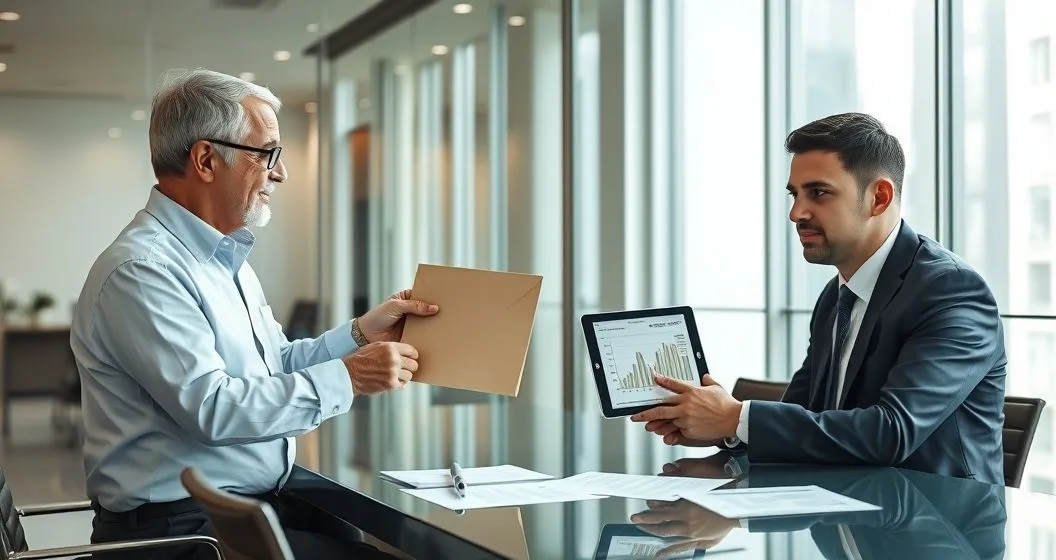 Senior business owner hands an ownership folder to a younger partner as a tax adviser points to a valuation chart on a tablet and a lawyer reviews documents in a modern conference room