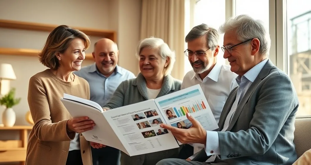 Multigenerational family and advisor around a modern table reviewing a philanthropy playbook and tablet showing donation allocations