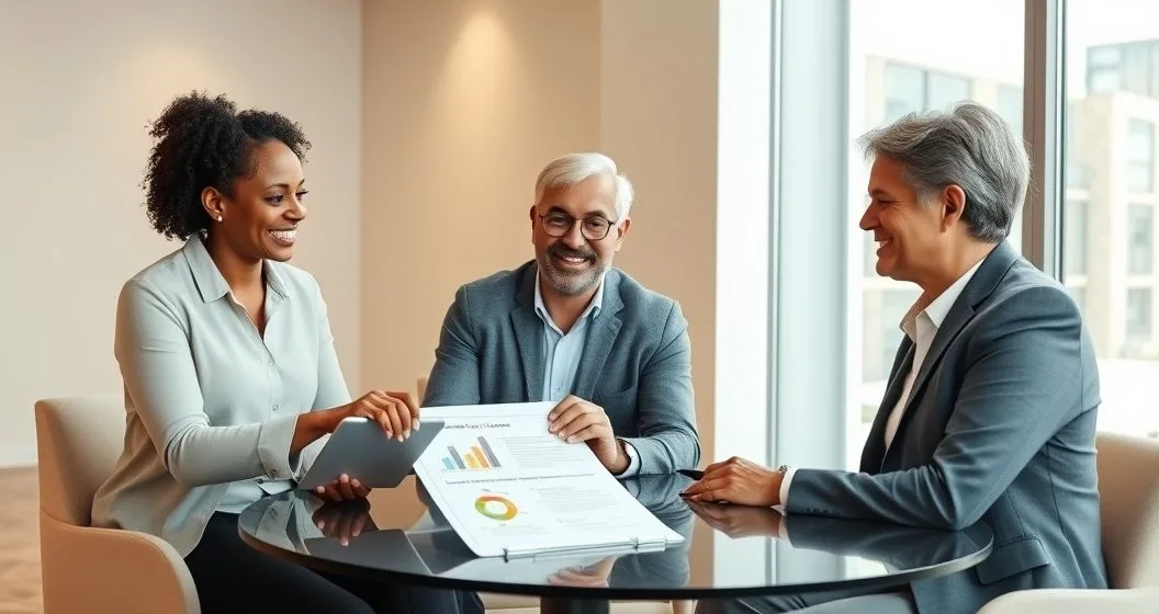 A financial advisor with a mature couple reviewing a tablet and documents that illustrate charts and an impact flow for structured charitable gifts in a modern office.