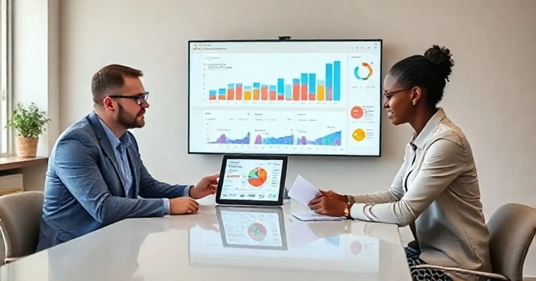 Financial advisor and two clients reviewing icon based goals timelines progress bars and a cash flow chart on a tablet and wall screen in a modern office