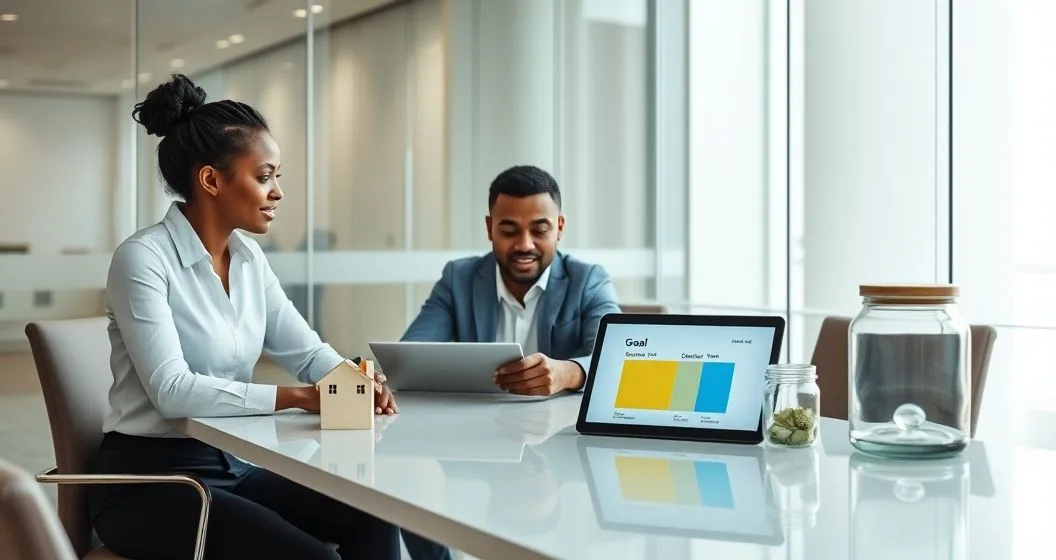 Financial advisor and a couple at a minimalist conference table. Advisor points to a tablet showing three color coded progress bars. On the table are a house model, a graduation cap figurine, and a clear cash jar representing separate short and medium term goals.