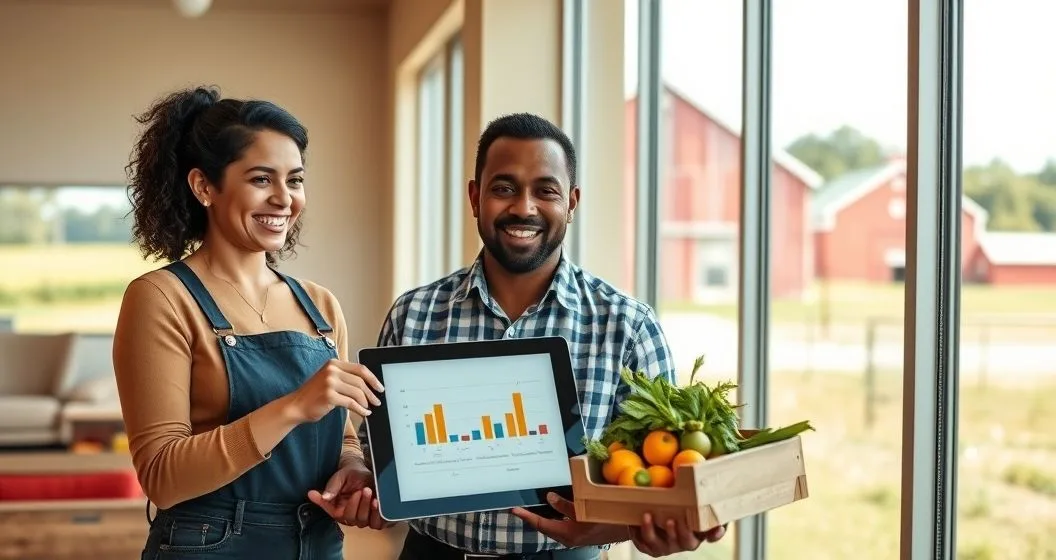 Loan officer and small rural business owner discussing financing in a bright bank branch with farmland visible through the window