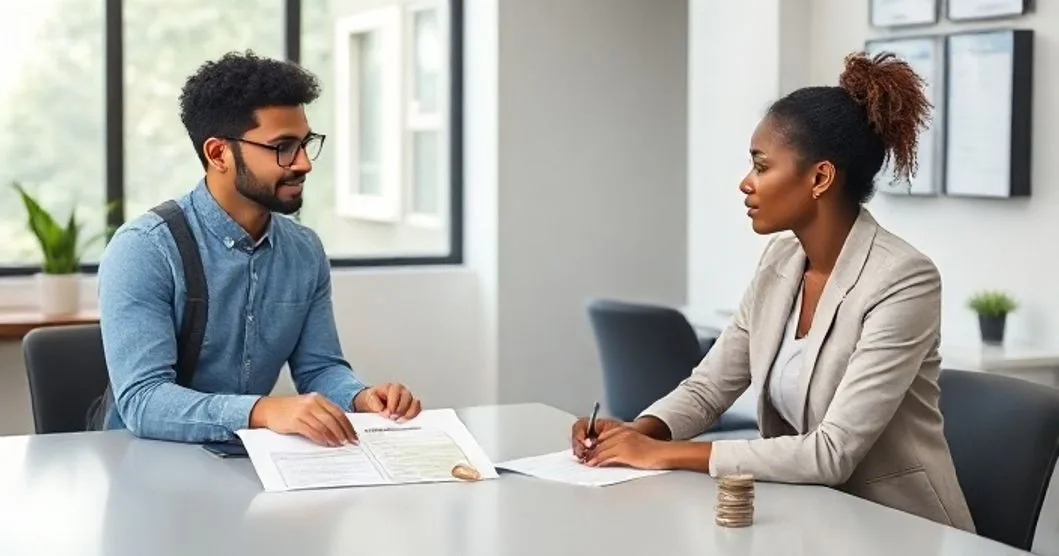 Graduate student and financial aid advisor at a clean conference table reviewing visual tokens for grants assistantships and loans