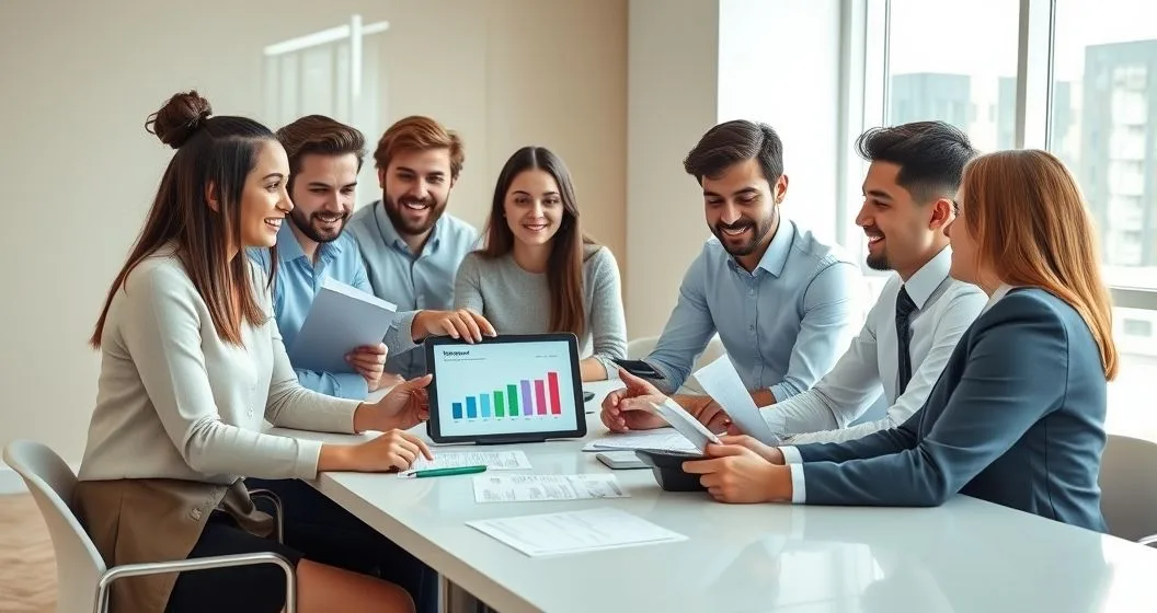 Diverse recent graduates and a financial advisor around a modern conference table reviewing a tablet with abstract repayment charts a calculator and loan documents.