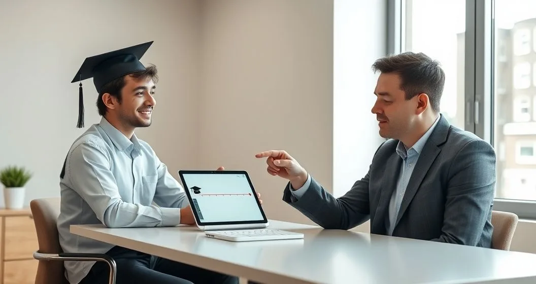 Financial advisor points at a tablet showing a simple timeline from graduation to loan payments while a recent graduate listens in a modern office