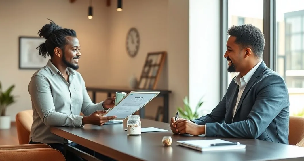 A small business owner and a community lender at a minimalist meeting table with a grant certificate, a loan agreement, and a jar of coins in a modern co working office.
