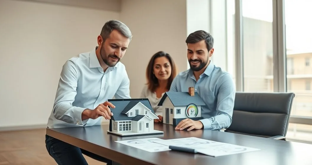Mortgage advisor shows couple a tablet with a house model and energy performance gauge in a modern office