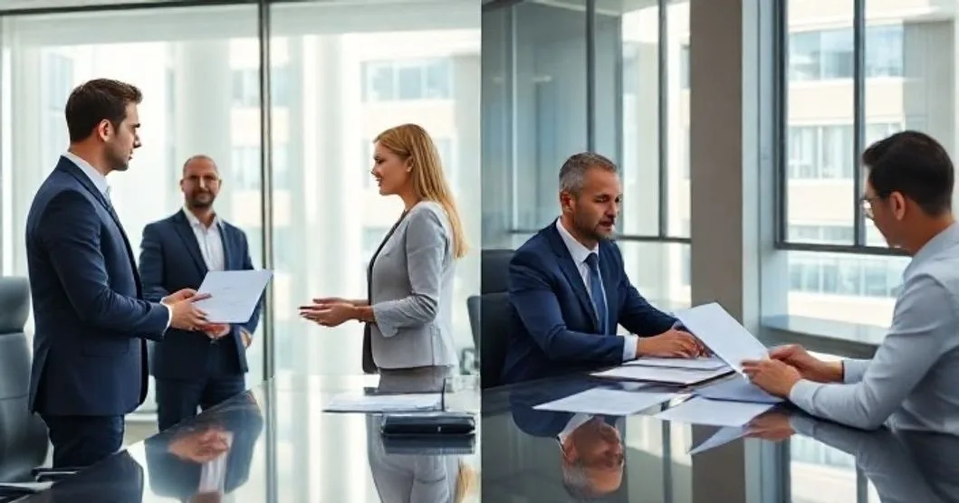 Split corporate conference room with left side showing loan officer and guarantor exchanging a file with shield emblem and right side showing a borrower signing documents while a lawyer watches, clean photorealistic.