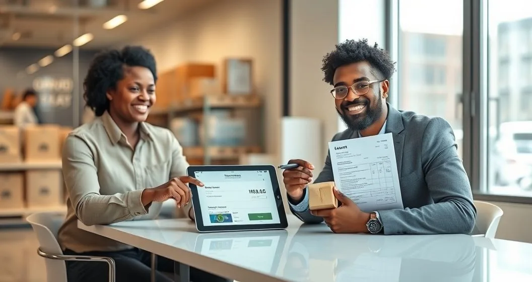 A small business owner and a nonprofit lender advisor at a conference table in a community lending office with inventory visible in the background, advisor pointing to a tablet as the owner holds an invoice.