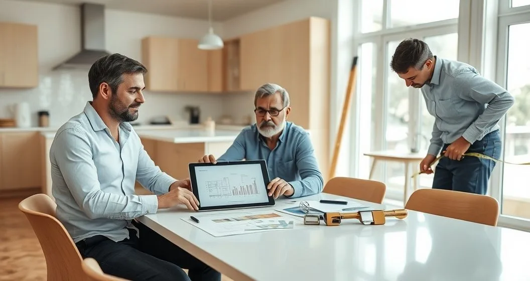 Homeowner and advisor planning phased HELOC draws at a table in a partially renovated kitchen with tablet chart and architectural plans