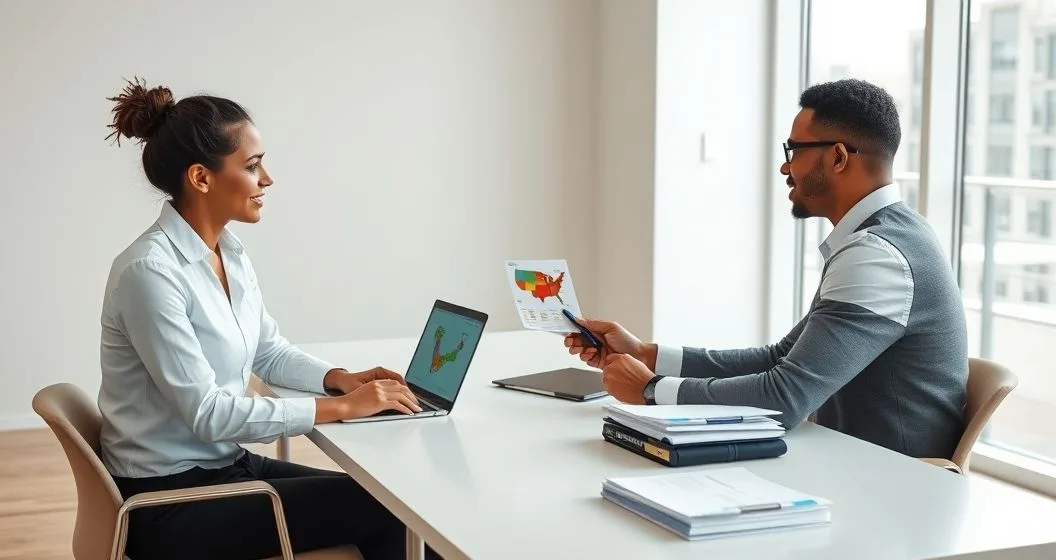 Tax advisor pointing to two state maps and a split paycheck graphic on a laptop while advising a client in a modern office