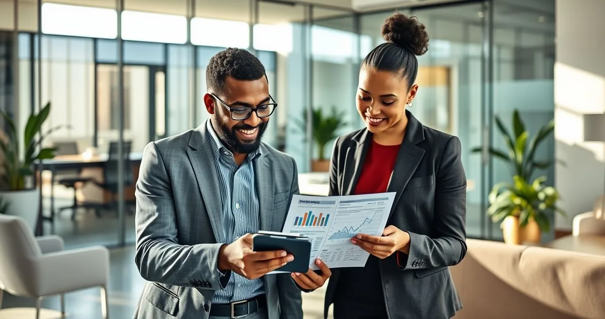 Tax advisor points to a printed tax notice on a conference table as a client reviews documents and year folders in a modern office