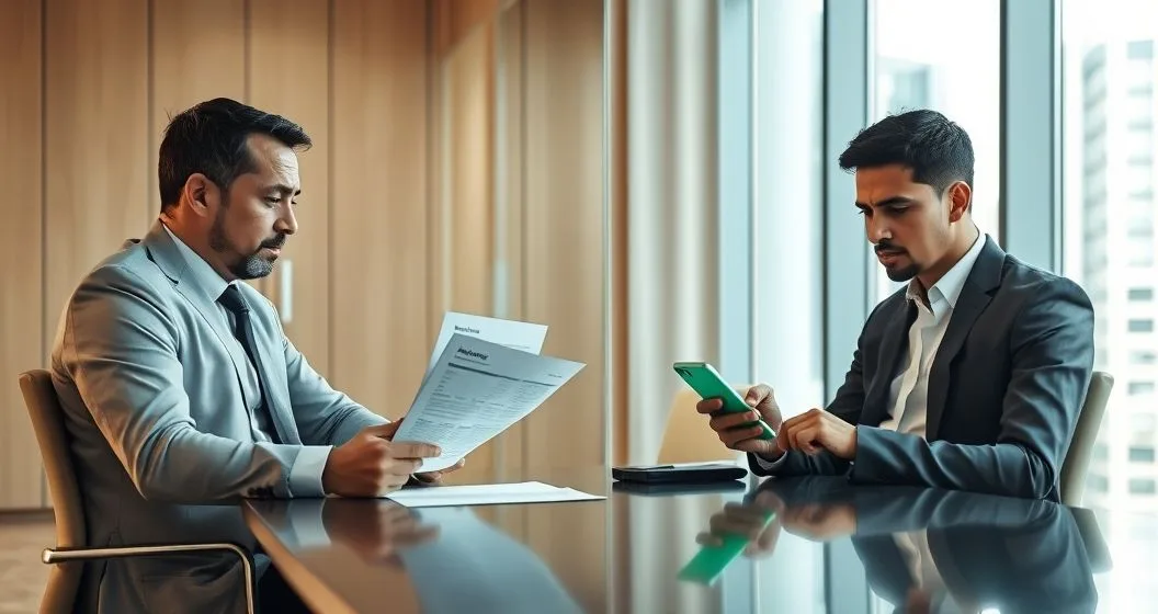 Split image showing a lender reviewing a printed credit report with a downward indicator and a concerned applicant on one side and a person checking credit on a smartphone with a green indicator on the other in a modern office