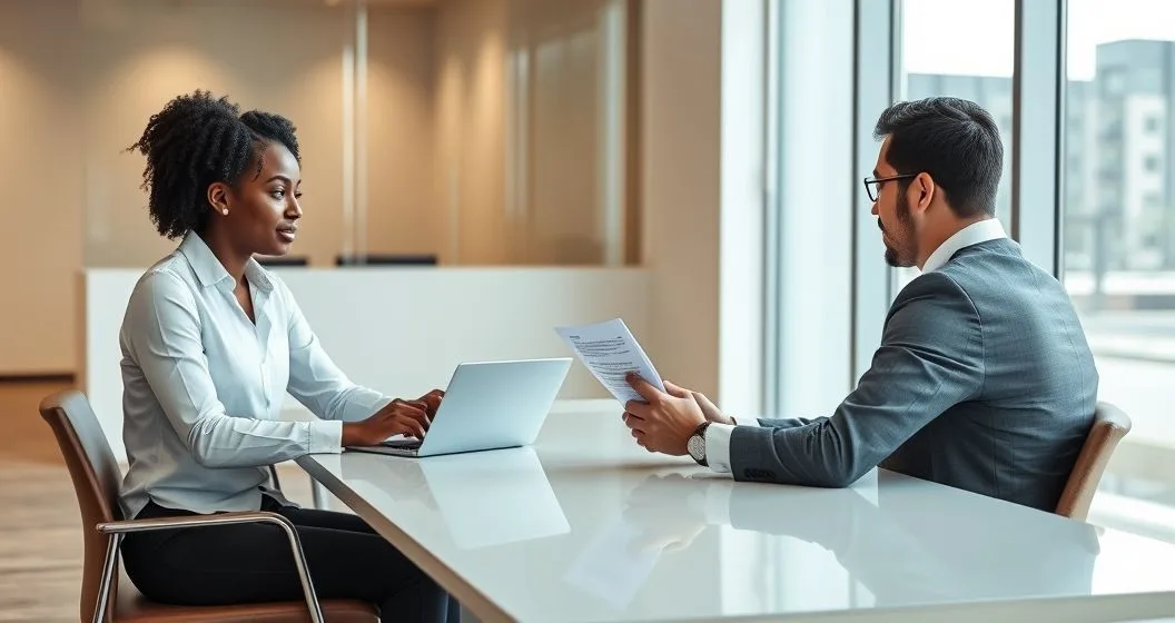 Borrower and loan officer reviewing forbearance paperwork across a conference table in a modern office, borrower looks relieved and attentive.