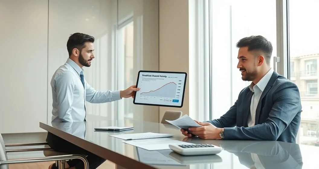 Loan officer points to a tablet displaying a simplified payment timeline while a borrower reviews documents and a calculator at a minimalist conference table in a modern office