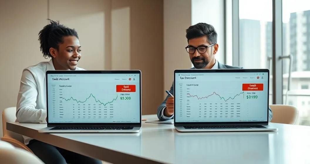 Advisor pointing to a sell order on a taxable account dashboard and a wash sale alert on a tax deferred account screen while a client takes notes.