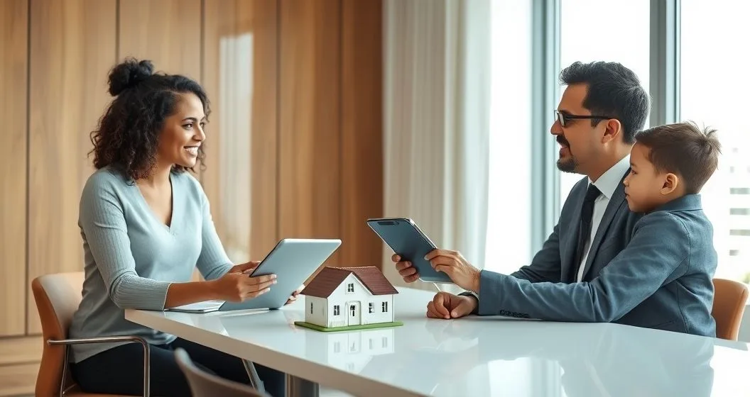A single parent and young child sit across from a tax advisor in a modern office. The advisor points to a tablet and a small house model on the table while explaining filing options.