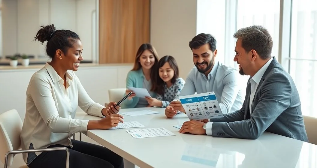A diverse family consulting with an insurance advisor who points to a tablet and comparison cards showing HMO PPO EPO HDHP and icons for premium deductible copay coinsurance in a modern office