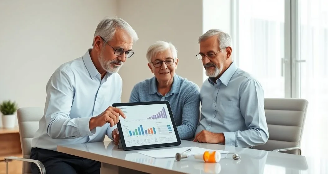 Financial advisor and senior couple reviewing abstract healthcare cost projection charts on a tablet in a modern office with medical items on the desk