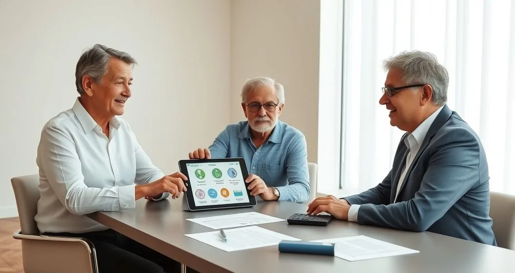 Retired couple and advisor reviewing healthcare options on a tablet with documents on a minimalist conference table