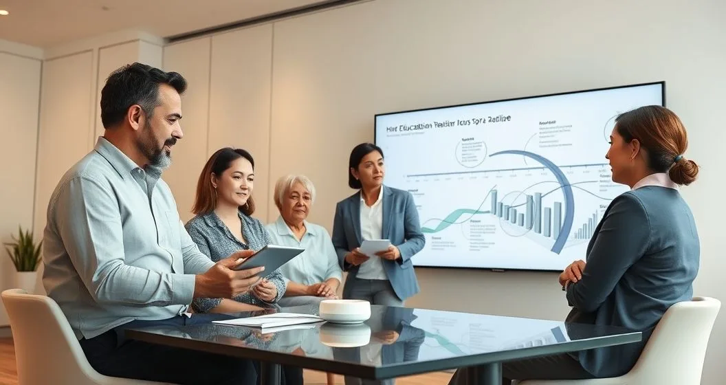 A multigenerational family and a wealth advisor reviewing a visual roadmap on a tablet and a blurred timeline on a screen in a modern conference room.