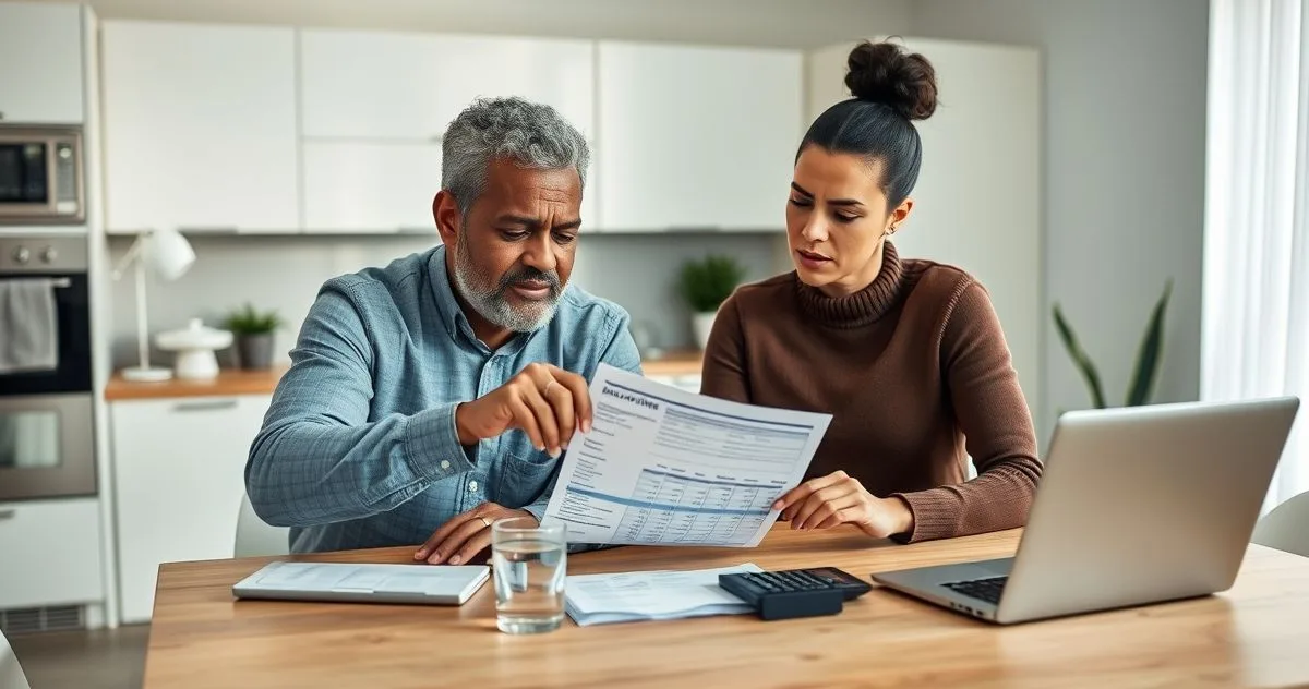 Homeowner and financial advisor reviewing a HELOC statement at a modern kitchen table with laptop and calculator