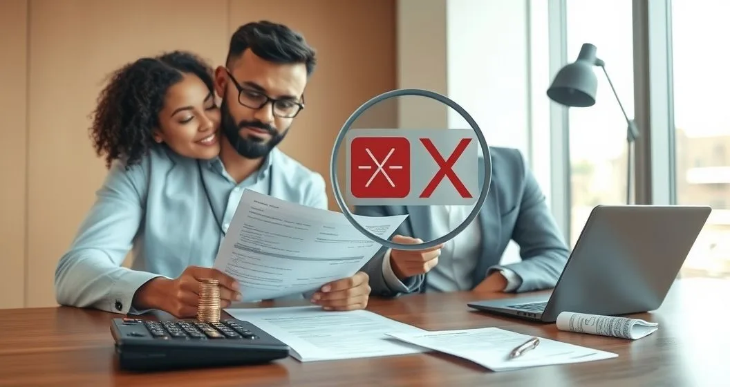 Borrower and advisor examining a loan document with a magnifying glass revealing small icons for extra charges on a minimalist desk in a modern office