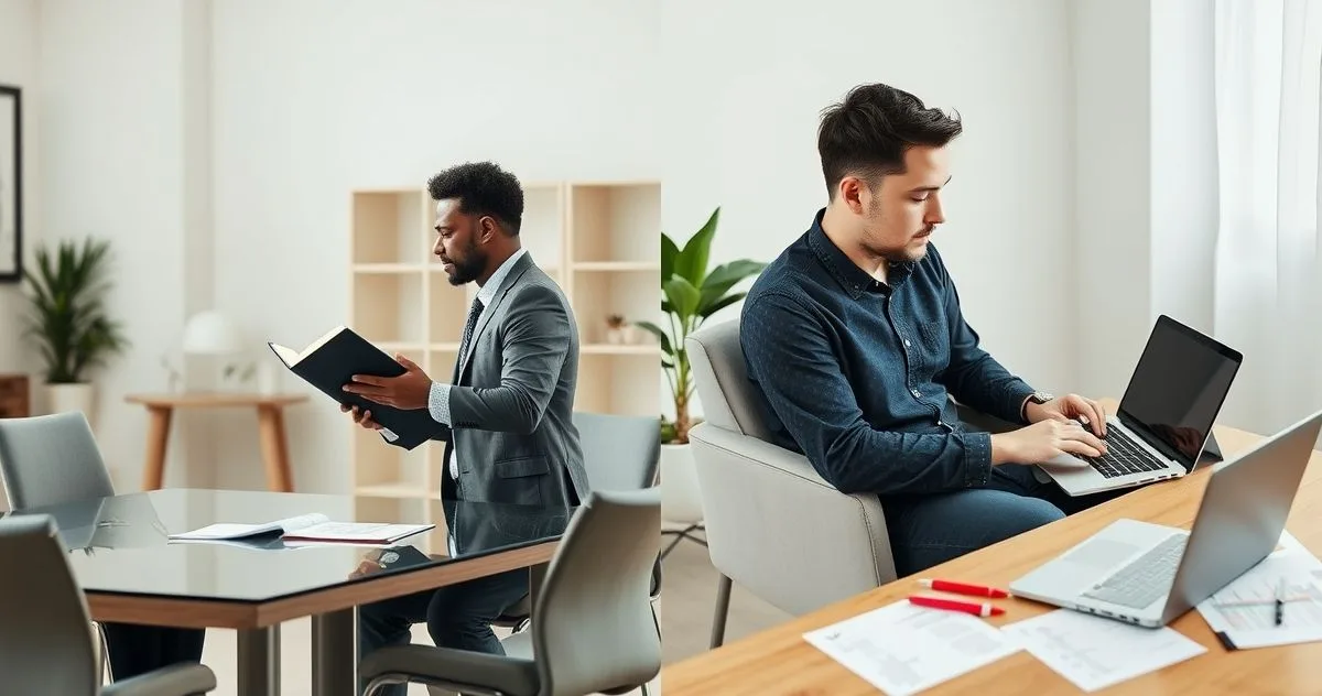 Split image of a tax professional advising a client in an office and the same person working alone at home with tax papers and a checklist