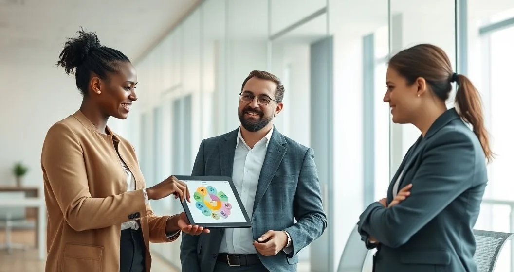 Financial advisor and two clients reviewing a tablet with a segmented planning wheel during a meeting