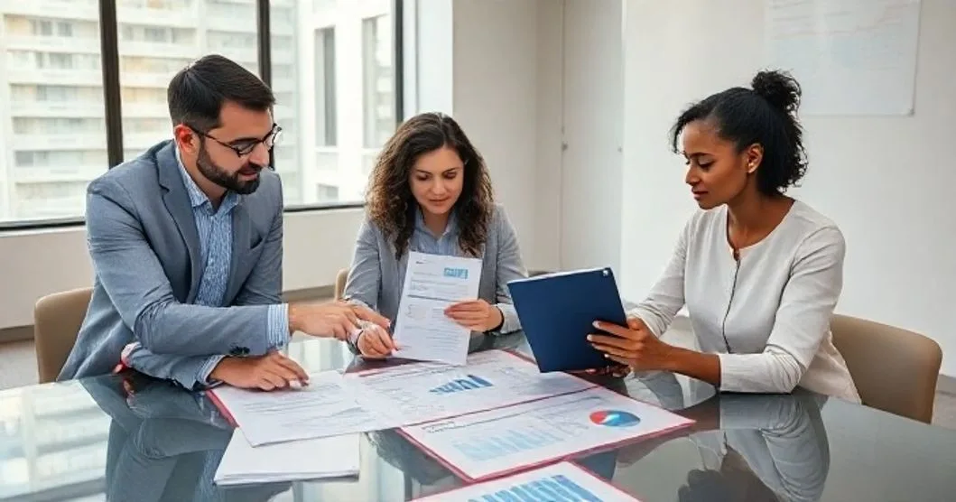 Financial advisor and two clients reviewing integrated cash flow insurance and tax documents at a conference table in a modern office