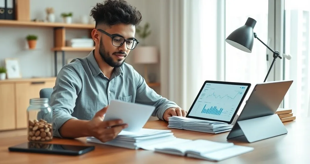 Freelancer arranging color coded savings jars and invoices at a minimalist desk with a tablet showing a blurred budget dashboard