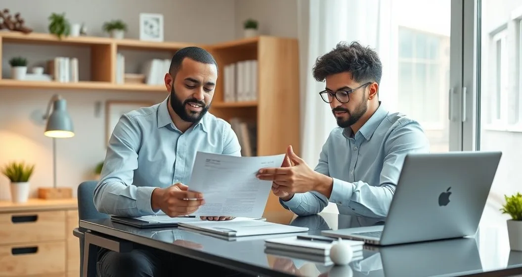 Small business owner and insurance advisor reviewing insurance documents at a neat home office desk
