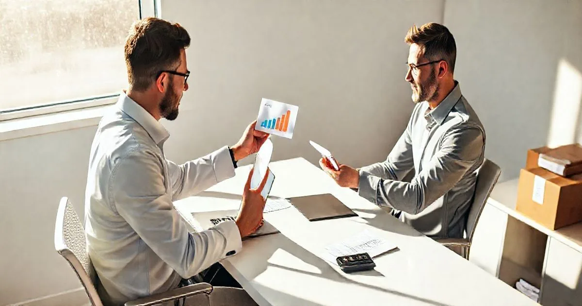Home based business owner and insurance agent at a sunlit home office desk discussing a claim as agent points to laptop and hands payment envelope with a small water stain on the desk