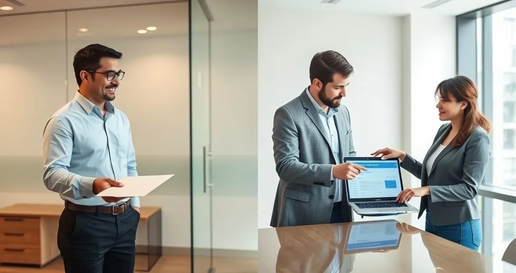 Two part scene comparing home equity loan and HELOC with diverse professionals. Left a loan officer hands an envelope as a homeowner signs papers. Right a bank advisor points at a laptop as a homeowner accesses a revolving credit draw.