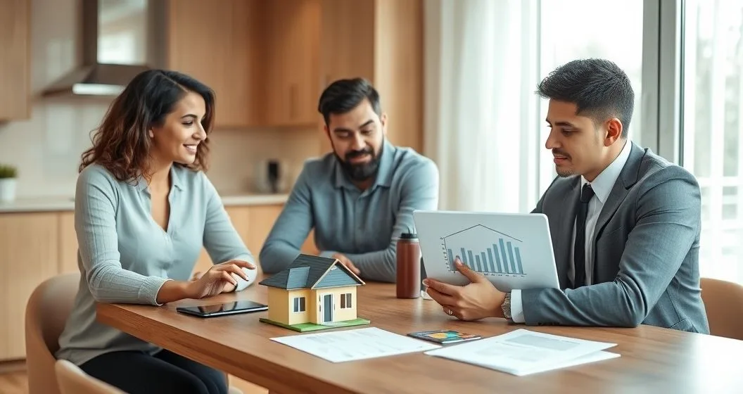 Financial advisor explaining using home equity to consolidate credit card debt to a homeowner couple at a kitchen table with a house model and documents.