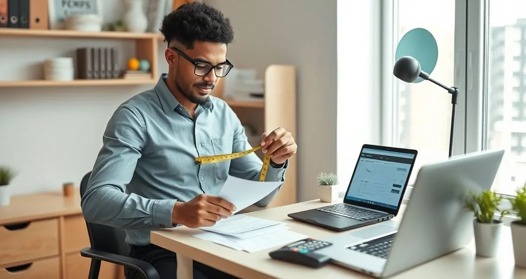 Person measuring a dedicated home office area while organizing receipts and a calculator beside a laptop with a blurred spreadsheet.