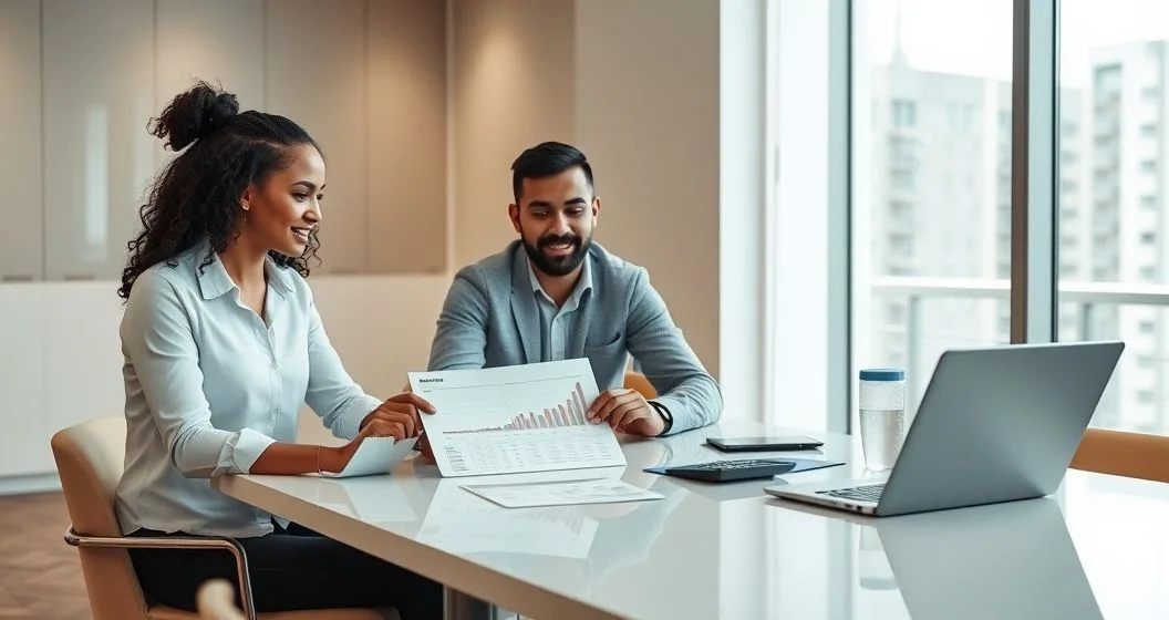 Diverse couple and financial advisor reviewing home purchase timeline and affordability charts at a modern office table