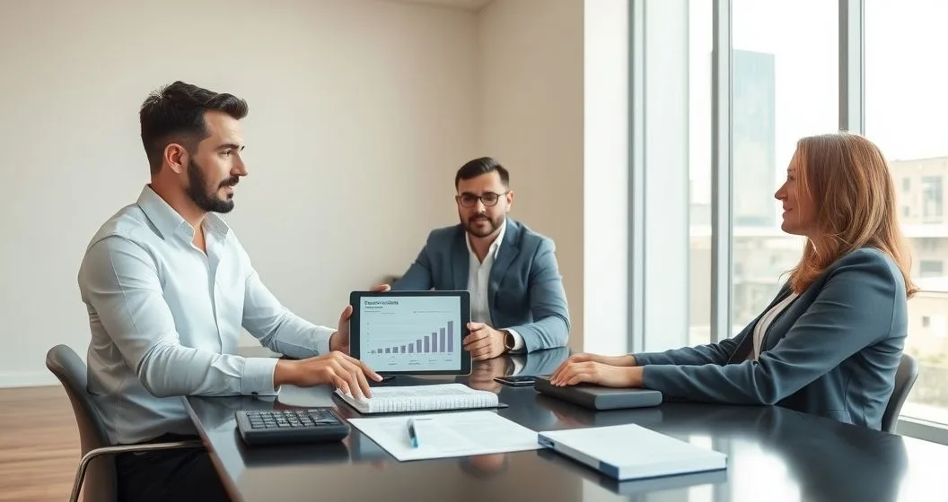 Real estate agent explaining closing cost breakdown to buyer and seller over a tablet calculator and escrow folder in a modern office
