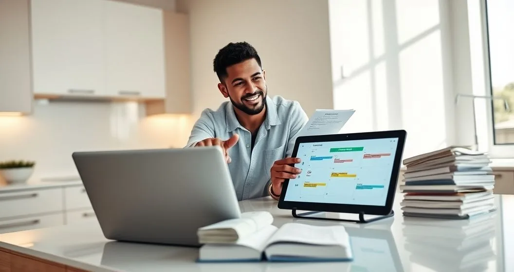 A couple reviews a calendar style cash flow forecast on a laptop and tablet at a bright kitchen island